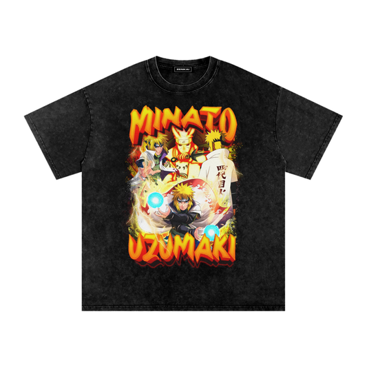 Black t-shirt with anime-themed graphic and character design on a white background